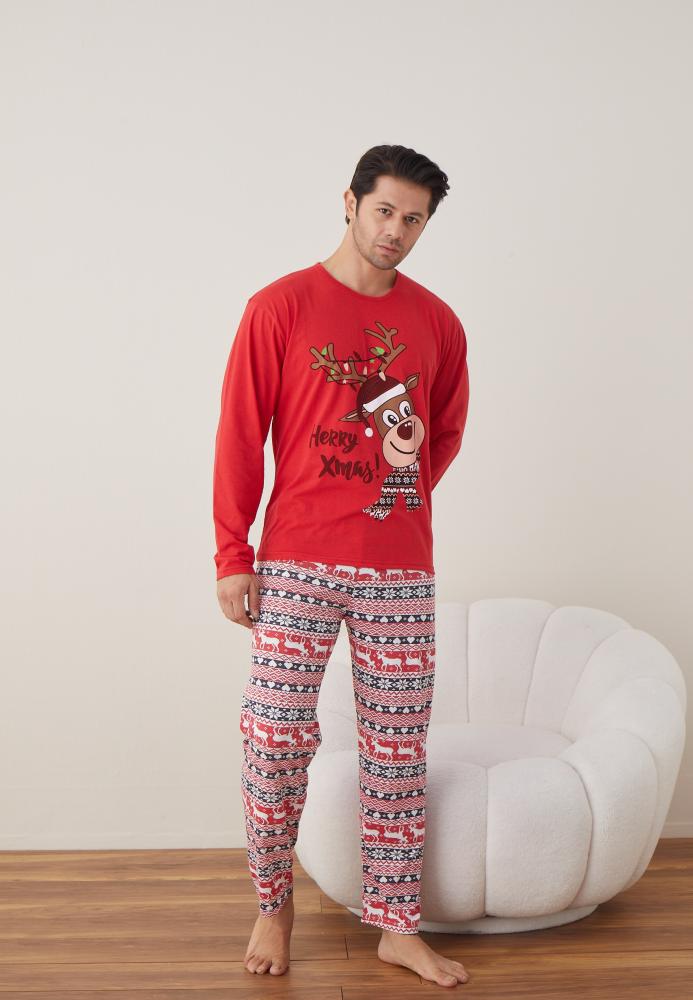 Pijama barbat Craciun maneca lunga pantaloni lungi rosu Herry Xmas ENGROS